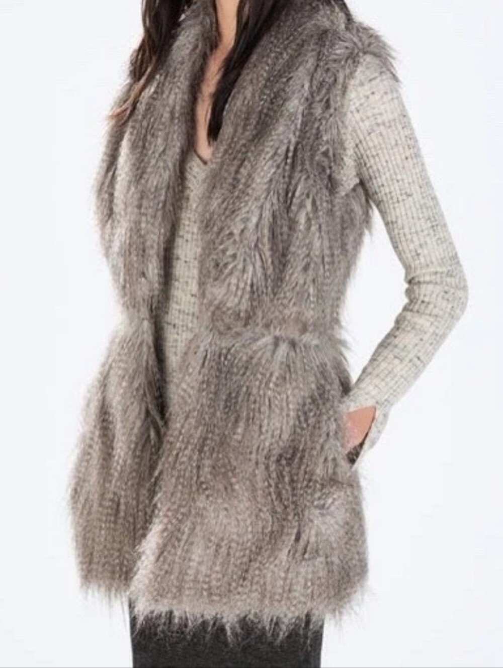 ZARA Shaggy Faux Fur Defined Waist Vest Size Sm Gray Tan Mid-Length EUC